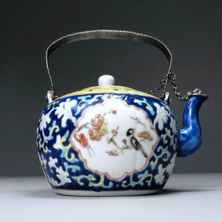 Fine Antique Chinese Porcelain Blue Indigo Teapot 19th Century,  Silver Handle