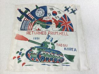 Vintage Silk Scarf 1951 Korean War Returned From Hell Taegu Korea Un Flags Tank