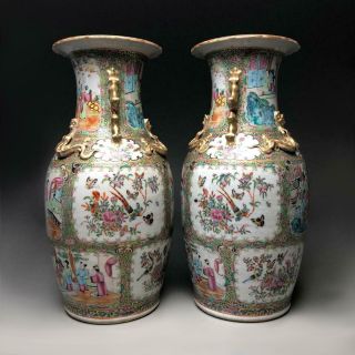 LARGE PAIR antique Chinese FAMILLE ROSE VASES 19th century Canton porcelain 8