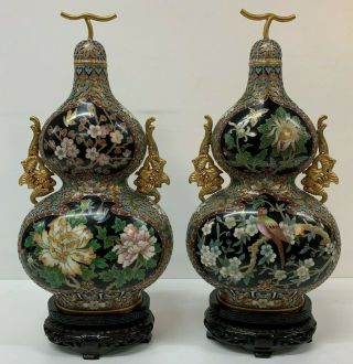 Chinese Cloisonne Vases Box Vintage Exquisite Detail With Wooden Stands