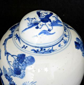 ANTIQUE CHINESE KANGXI BLUE & WHITE PORCELAIN GINGER JAR DOUBLE RING,  FIGURAL 10
