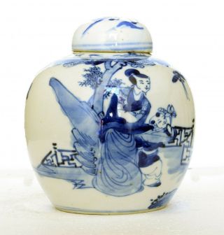 ANTIQUE CHINESE KANGXI BLUE & WHITE PORCELAIN GINGER JAR DOUBLE RING,  FIGURAL 2