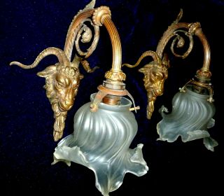 Pretty French Antique Bronze Wall Sconces Ram Heads