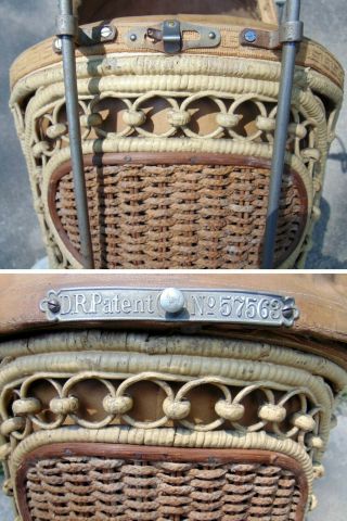 Antique Toy Wicker Canvas Doll Baby Carriage Pram Buggy Coach 11