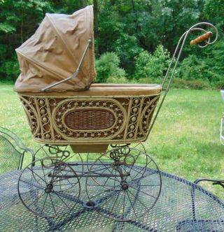 Antique Toy Wicker Canvas Doll Baby Carriage Pram Buggy Coach