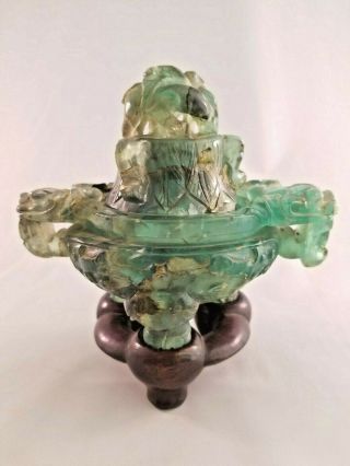 Vintage Chinese Green Fluorit Stone Carved Urn With Lid On A Custom Wooden Stand