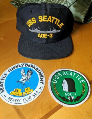 Uss Seattle Aoe - 3 Us Navy Hat Cap,  Vintage,  Rare Plus 2 Stickers
