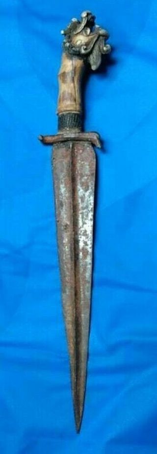 Antique Oriental Spear Dagger Sword No Keris Carved Dragon Grip