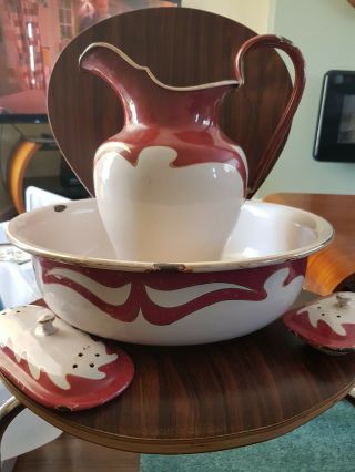 Antique Vintage Gebrüder Bing Nuremberg Bowl Pitcher Soap Dish Enamel 2