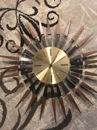 Mid Century Mcm Vtg Seth Thomas Sunburst Starburst Gold Wood Expression Clock
