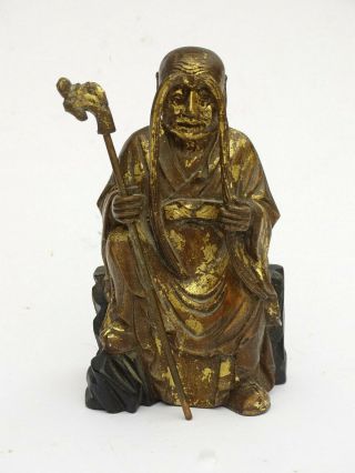 Chinese Wood Carved Alter Figure Of Scholar Or Star God Gold Gilt