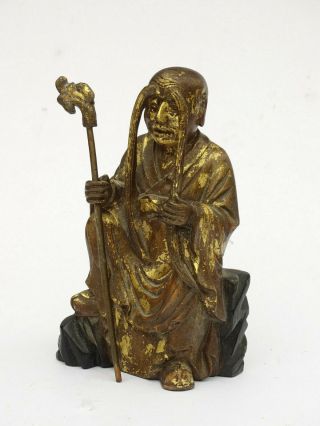 Chinese Wood Carved Alter Figure of Scholar or Star God Gold Gilt 2