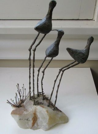 Curtis Jere mid century modern sculpture of Shorebirds with seagrass on stone 5