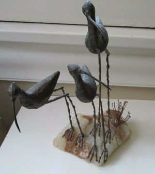 Curtis Jere mid century modern sculpture of Shorebirds with seagrass on stone 7