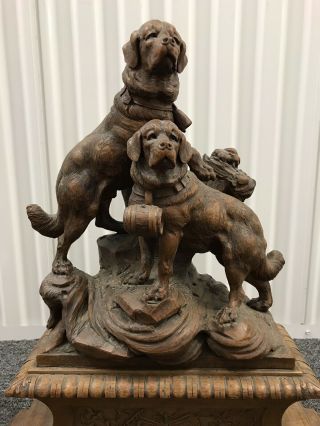 Elaborate Black Forest Carving St.  Bernard Dogs Mantel Piece 21” Tall Great