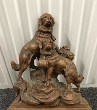 Elaborate Black Forest Carving St.  Bernard Dogs Mantel Piece 21” Tall Great 2