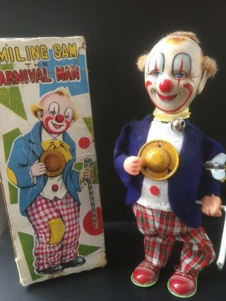 Vintage 1950s Smiling Sam Carnival Man Clown Wind Up Japan Tin Toy