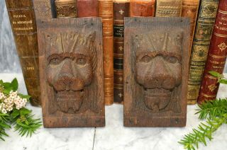 Antique Pair German Black Forest Carved Wood Lion Heads Corbels Brackets