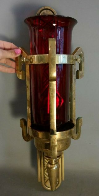 Lg Antique Gothic Castle Old Bronze & Ruby Red Glass Candle Church Wall Sconce