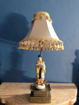 Chinoiserie Porcelain Table Lamp With Brass Pedestal Tasseled Shade
