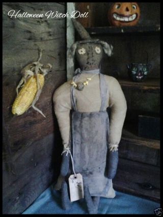 Primitive Folk Art Witch Halloween Door Doll Hand Stitch Face Corn Necklace Ooak