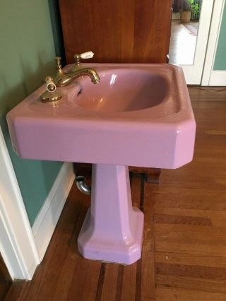 Antique Cast Iron Lavender Porcelain Pedestal Bath Sink 3