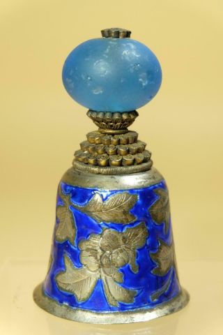 Qing Chinese Enamel Bell With Blue Glass Hat Finial. 2