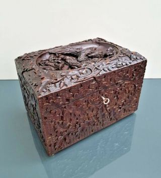 Antique Black Forest Wood Hand Carved Dragon Religious Humidor Cigar Cave Box