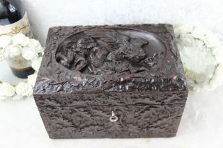 Antique BLACK FOREST wood hand carved Dragon religious humidor cigar cave box 2