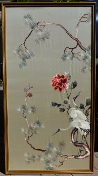 124 X 64 Cm Chinese Silk Embroidery Textile White Crane Pine Tree Red Flower