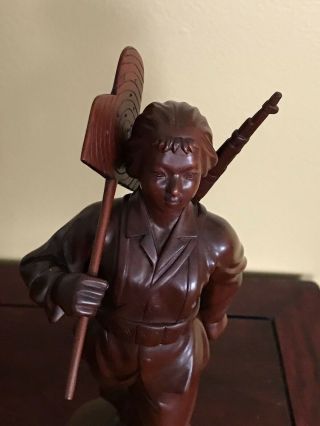 Rare - Chinese Cultural Revolution Era Wood Carved Female Practice Shooting Statue 12