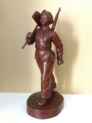 Rare - Chinese Cultural Revolution Era Wood Carved Female Practice Shooting Statue
