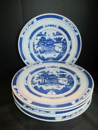 Vintage Chinese Export 6 Dinner Plates Blue & White Canton 10 "
