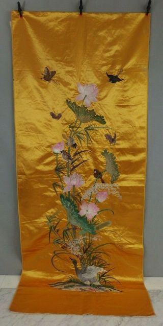 Large Antique Chinese Silk Embroidery Panel C1900 W Flowers Birds & Butterflies