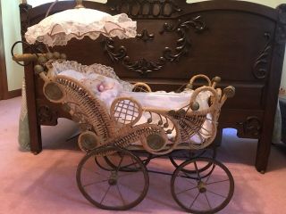 Vintage Antique Baby Doll Carriage Wicker And Iron