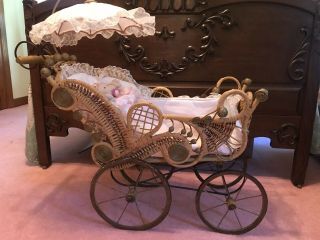 Vintage Antique Baby Doll Carriage Wicker And Iron 2