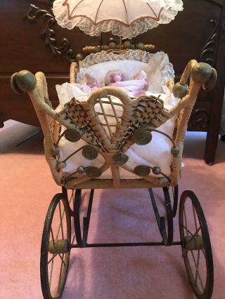 Vintage Antique Baby Doll Carriage Wicker And Iron 5
