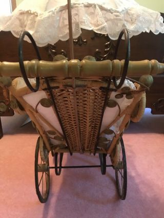 Vintage Antique Baby Doll Carriage Wicker And Iron 6
