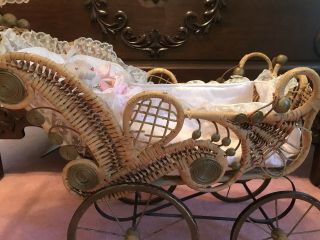 Vintage Antique Baby Doll Carriage Wicker And Iron 7