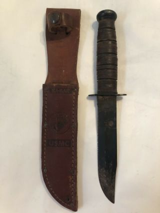 Vintage Kabar Military Usmc Marines Trench Knife Leather Sheath Weapon Blade