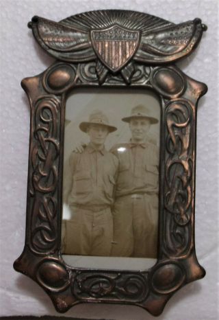 Antique Ww1 U.  S.  Doughboys Souvenir Photo And Metal Picture Frame