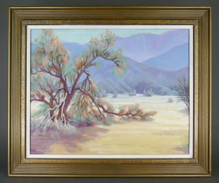 Vintage California Desert Landscape Impressionist Oil Painting Framed Blue