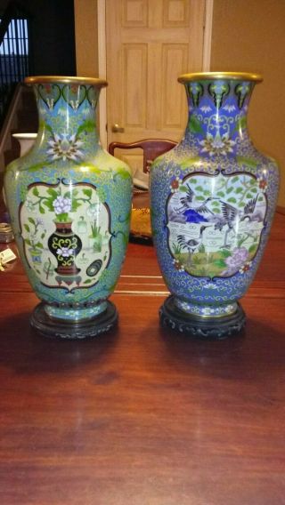 Large Antique Chinese Cloisonne Vases Cranes Qing