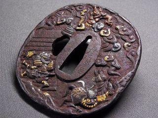 Signed TSUBA 18 - 19th C Japanese Edo Antique Koshirae fitting “ONI“ d798 3