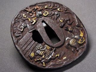 Signed TSUBA 18 - 19th C Japanese Edo Antique Koshirae fitting “ONI“ d798 4