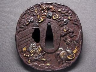 Signed TSUBA 18 - 19th C Japanese Edo Antique Koshirae fitting “ONI“ d798 5