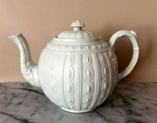 Antique Salt Glazed Teapot With Moulded Designs 18/19th C.