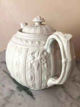 ANTIQUE SALT GLAZED TEAPOT WITH MOULDED DESIGNS 18/19TH C. 5