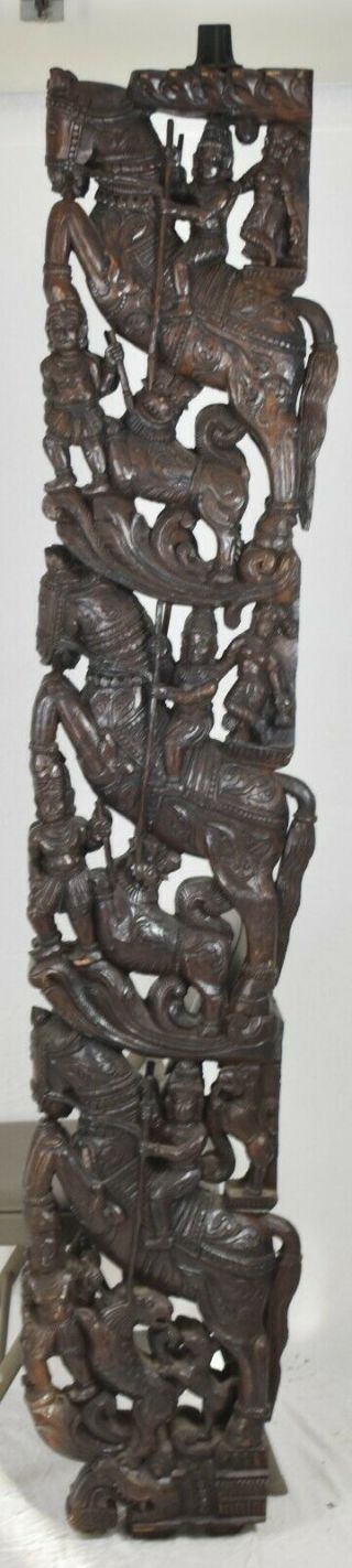 Chinese Carved Wood Temple Fragment Sculpture Warriors On Horses Foo Dogs Large