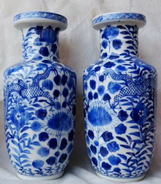 Pair Antique Chinese Hand Painted Blue & White Dragon Vases Signed